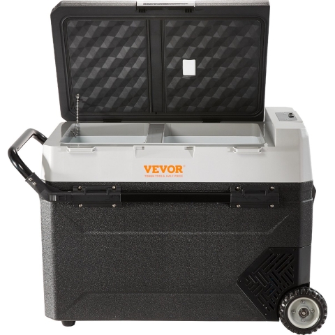 VEVOR Campingkoelkast 53L, verrijdbare elektrische vriesbox 12/24V, 2-in-1 dubbele zone, autokoelkastcompressor voor verwarmen en koelen 60W, draagbaar met handvat, voor boot, vrachtwagen, camper, grijs
