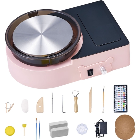 VEVOR Mini pottenbakkersschijfmachine 158 mm draaitafel met instelbare rotatiesnelheid, elektrische kleischijf met kleivormgereedschap, geschikt voor doe-het-zelf pottenbakkerslessen, roze