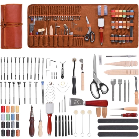 VEVOR 92-delige set leerbewerkingsgereedschap met draagbare opbergtas van canvas, grafisch gereedschap, stansgereedschap, naaigereedschap, snijgereedschap, ideaal voor beginners en professionals.