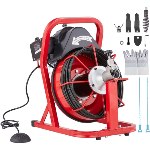 VEVOR pijpreinigingsmachine φ8 mm x 15 m, reinigingsspiraal met automatische aanvoer, 4 snijbladen en pneumatische voetschakelaar, pijpreiniger voor pijpen van 50 tot 100 mm, pijpreinigingsapparaat