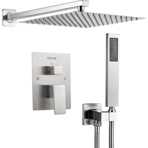 VEVOR Douchekraan Regendouchesysteem voor Badkamer Douchesysteem met 254 mm Vierkante Regendouchekop & Handdouche, Wandgemonteerde Badkamerkranen met Messing Klep & Afwerkingsset, Geborsteld Nikkel