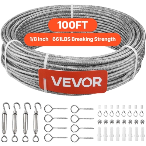 VEVOR roestvrijstalen staalkabel φ3,2 mm 30,5 m lengte, staalkabel gemaakt van roestvrij staal 304 met een breeksterkte van 2,94 kN, 7x7 strengs staaldraad, railingkabel voor terrasleuningen, tuinhekken.
