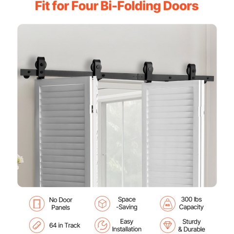 VEVOR opvouwbaar schuifdeurrailsysteem, 1626 mm bovenmontagerail, geschikt voor vier 38,1 cm kast-, voorraad- en wasruimtedeuren (niet inbegrepen)