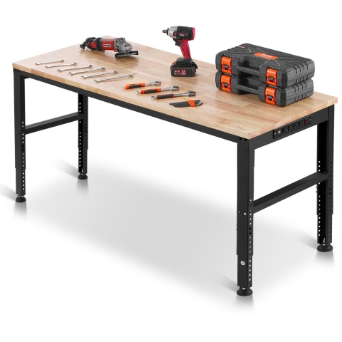 VEVOR Werkbank, 1549 x 508 mm Werktafel, Hoogte Verstelbaar 688-914 mm, Draagvermogen 900 kg, Inclusief Stroomaansluitingen, Hardhouten Oppervlakte, Metalen Frame & Voetkussens, Ideaal voor Garage, Kantoor & Thuis