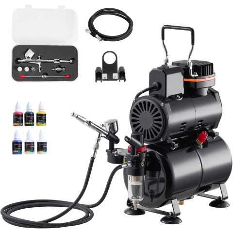 VEVOR Airbrush Set 1/6 HP met luchtcompressor en tank, 1 Dual Action Airbrush-pistool met 3 spuitmonden (0,2/0,3/0,5 mm) en slang, acrylverf en 1 ventilator, voor taartdecoratie, modelschilderen en nail art