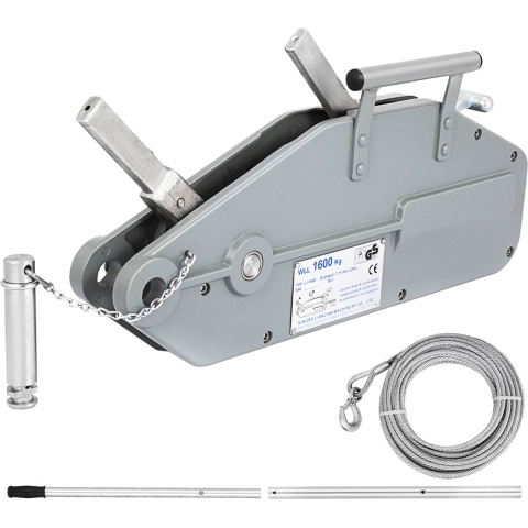 VEVOR kabellier tot 1600 kg capaciteit met 20 m kabel bosbouwkabellier met rem voor trekken, spannen en hijsen handkabellier kabeldiameter 11 mm maximale rijlast 2400 kg
