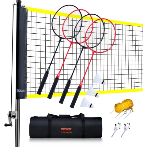 VEVOR Badminton Net Set, Buiten Badmintonnet voor Tuin, Strandpark, Badmintonnet voor Volwassenen & Kinderen met Stokken, Draagtas, 4 Ijzeren Rackets en 3 Nylon Shuttlecocks