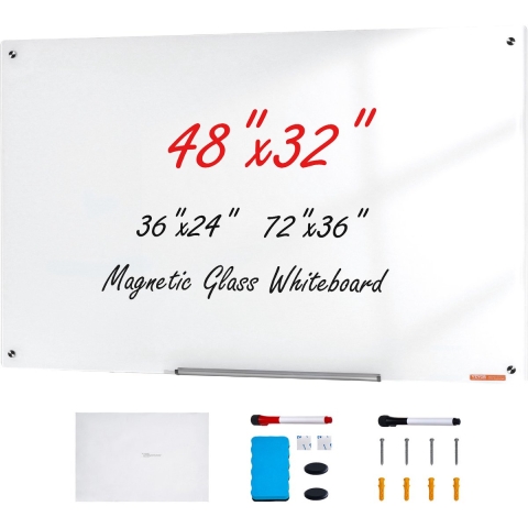 VEVOR Magnetisch Glazen Whiteboard, Whiteboard 120 x 80 cm, Wandgemonteerd Wit Glazen Bord zonder Frame, met Pennenbakje, Wisser & 2 Pennen, Magnetisch Bord Wit