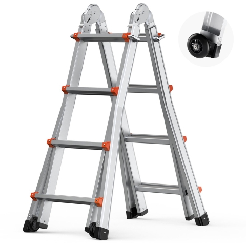 VEVOR Telescopische Ladder met A-frame, 4 m aluminium uitschuifladder, Multifunctionele opvouwbare camperladder, Telescopische ladder voor huiswerk, trappen, binnen- en buitendaken, Draagvermogen 150 kg