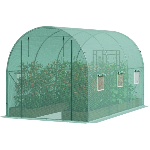 VEVOR Walk-In Tunnelkas, 3,4 x 1,9 x 1,9 m, kunststof tunnelkas, plantenkas met gegalvaniseerd stalen frame, groene PE-afdekking, oprolbare ritssluiting en 6 ramen voor buitengebruik