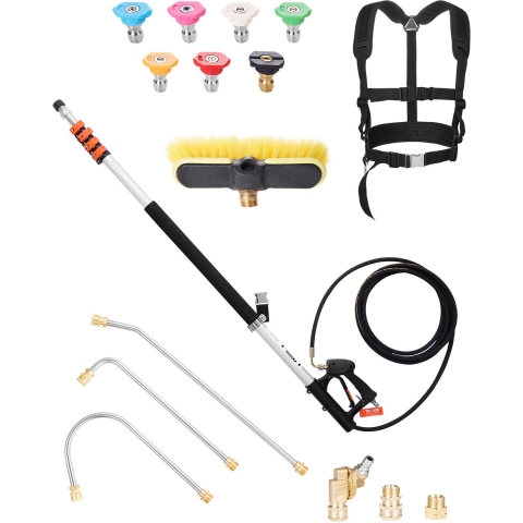 VEVOR 6358 mm telescopische hogedrukreinigerlans, telescopische spuitlans, 4000 PSI telescopische spuitlans met verlengstangen, borstelkop, draaibare koppeling, 7 sproeiers, steunband, voor dakgoten