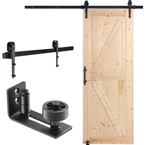 VEVOR Schuifdeur Hardware Kit, 762 x 2133,6 mm Houten Schuifdeur, Soepel en Stil, Schuurdeur Kit met 8-in-1 Vloergeleider en Deurkruk, Sparrenhouten Paneel
