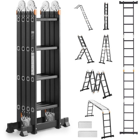 VEVOR Multifunctionele Ladder, 7-in-1 Multifunctionele Ladder, A-Frame met 4 Treden en Steigerplank, Telescopische Ladder, Ladderframe 4650 mm, Zwaar, Draagvermogen 150 kg, voor Buitengebruik