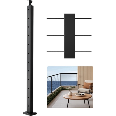 VEVOR kabelleuningpaal, 1067x50,8x50,8 mm, kabelleuningpaal voor trapleuning, voorgeboorde horizontale gaten, roestvrij staal SUS304, voor leuning, balustrade, zwart, 1JZLGZXHS106AWJO6001V0