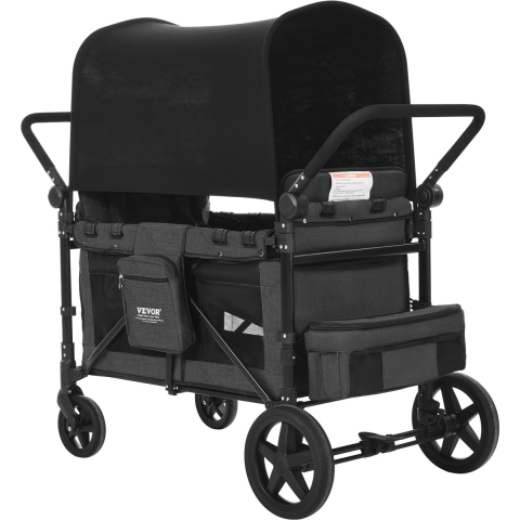 VEVOR Kinderwagen voor 4 kinderen, duw-trek reisbuggy met verstelbare handgreep, veiligheidsgordel en afneembare luifel, 4-persoons handkar voor kamperen, donkergrijs en zwart (laadvermogen 150 kg)