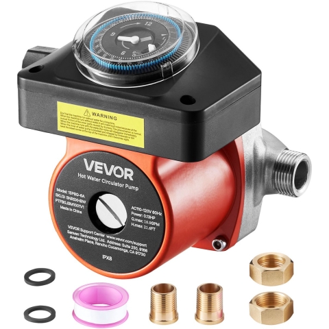 VEVOR circulatiepomp met timer, 38 l/min. direct circulatiepompsysteem, 100 W AC 220-240 V, verwarmingspomp G3/4" naar G1/2" aansluiting, voor boiler, warmwaterverwarming