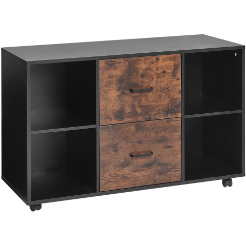 VEVOR Houten archiefkast met 2 lades, mobiele kantoorkast met open planken, afsluitbare zijrolkast met verstelbare planken, printerstandaard voor schoolkantoor, zwart