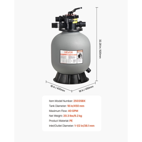 VEVOR zandfilter, 450 mm filtertank, 151 l/min zandfiltersysteem, filtertank met 7-weg meerwegklep, terugspoel-, spoel-, recirculatie-, afvalwater-, winter- en gesloten modus, voor bovengrondse zwembaden.
