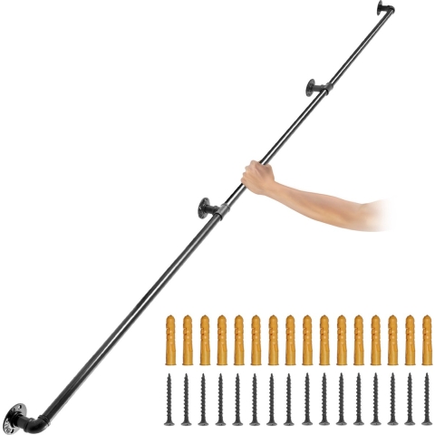 VEVOR Pijp Trapleuning 2,4 m Leuningen Trappen Binnen 200 kg Laadvermogen Outdoor Indoor Universele Trapleuning Gemaakt van Koolstofstaal en Matte Afwerking Geschikt voor Zolderleuning Badkamerleuning
