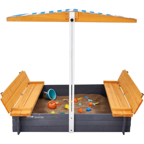 VEVOR Houten Zandbak met Overkapping, Zandbak, Zandbak met Opvouwbare Bankjes en Vloerinzetstuk, Natuurlijke Houten Zandbak voor Kinderen voor de Tuin, Cadeau voor Kinderen van 3-12 Jaar
