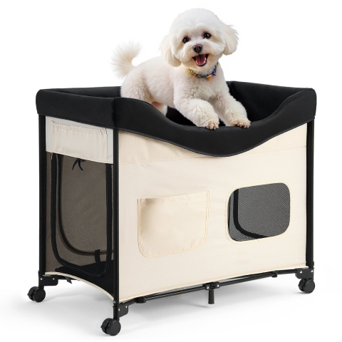 VEVOR Verhoogd Huisdierbed (XL), Opvouwbaar Hondenbed met 600D Oxford-stof en Nederlands Fluweel, Draagbaar Verhoogd Huisdierbed met Wielen, Opbergvakken aan de Zijkant en Draagtas, Beige
