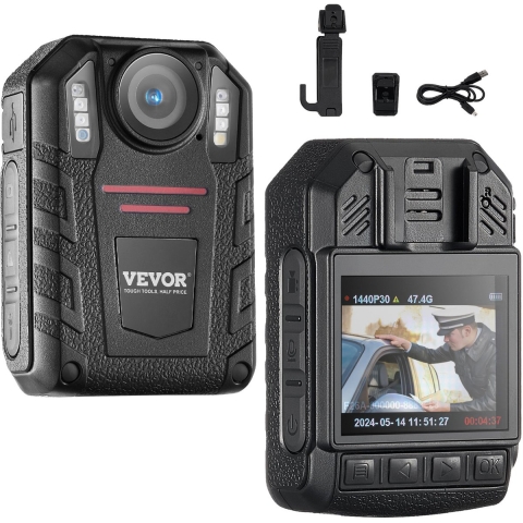 VEVOR 1440P HD politie bodycam, 64GB bodycam met audio- en video-opname, ingebouwde 2850mAh-batterij, 2,0-inch LCD-scherm, infrarood nachtzicht, waterdichte persoonlijke bodycam voor wetshandhaving