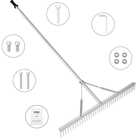 VEVOR Gazonhark 1915 x 914 x 100 mm Gazonhark Aluminiumlegering Bladhark 37 tanden Onkruidhark 27,8 x 1905 mm Handvatmaat Veervergrendelingsmechanisme Tuinhark voor land-/wateromgevingen