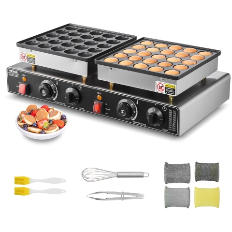 VEVOR Mini-pannenkoekenmaker (50 stuks), Dorayaki-bakplaat van antiaanbak roestvrij staal, 1800W commerciële elektrische poffertjesgrillpan, dubbele temperatuur- en tijdsregeling, voor restaurants