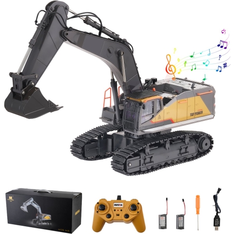 VEVOR afstandsbediening graafmachine speelgoed, 22 kanalen, 1:14 schaal afstandsbediening graafmachine met metalen bak, RC graafmachine met licht en geluid, werkende bouwvoertuigen, verjaardagscadeau