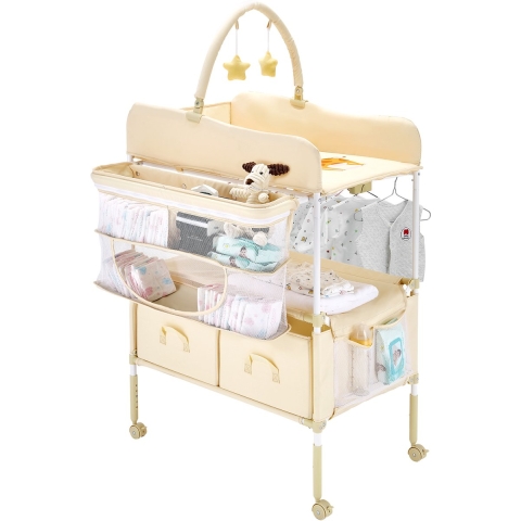 VEVOR Verschoontafel, opvouwbare verschoontafel met 2 stoffen lades, zijmand en kledingstang, in hoogte verstelbare draagbare verschoontafel met vergrendelbare wielen en 2 sterrenspeeltjes, lichtbeige