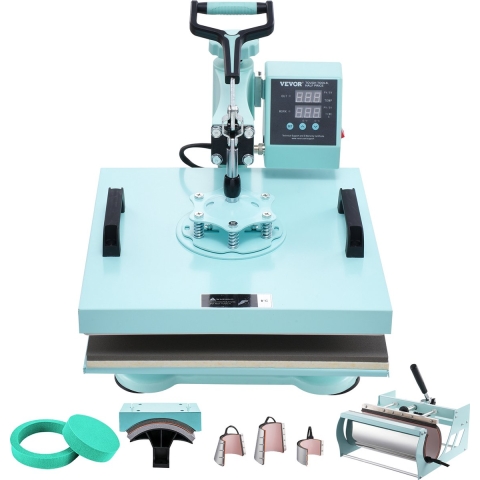 VEVOR Heat Press, 15 x 15 inch, 8-in-1 warmteoverdrachtsmachine met 6-30 oz Tumbler Press, 360° wegzwenkbare T-shirtpers, digitale nauwkeurige controle, voor T-shirts/mokken/hoeden/borden, groen