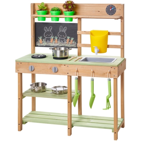 VEVOR Speelkeuken, Kinderkeuken, Speelgoedkeuken met Fornuis, Watertank, Spoelbak, Planttroffels, Spatel, Opbergdoos, Kookgerei & Accessoires, Houten Buitenkeuken voor Kinderen vanaf 3 jaar, 762x324x914 mm
