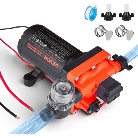 VEVOR Membraanpomp, 12 V DC, 22,7 L/min, zelf aanzuigende 4-kamer membraanwaterpomp met automatische drukschakelaar, 4,8 bar druk, voor campers, caravans, schepen, jachten, autowasstraten