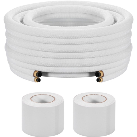 VEVOR koelmiddelleiding 30,48 m, koperen leiding 6,4 & 9,5 mm buitendiameter, PE-geïsoleerde spoel met wartelmoeren, spanbanden, voor mini-split airconditioner, HVAC of warmtepompsysteem