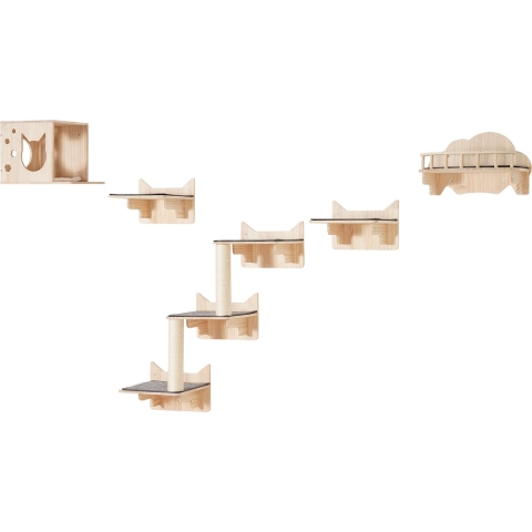 VEVOR Wandgemonteerde Kattenplanken, Kattenwandplanken en Zitstokken met Springplanken, Nest, Afsluitbord en Krabpaal, Drijvend Kattenmeubel tot 18 kg voor Slapen, Spelen, Klimmen, Set van 5