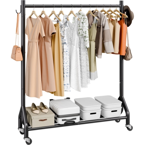 VEVOR Kledingrek op wieltjes met kledingstang en zijhaken, draagvermogen tot 90 kg, robuust kledingrek van koolstofstaal, ideaal voor slaapkamer, wasruimte, woonkamer