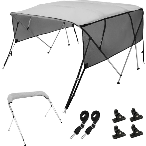 VEVOR 4-Arch Bimini Top Bootkap, 200-213 cm installatiebreedte, 600D polyester luifel, bootkap met afneembare gaaszijwanden, waterdicht en zonwerend, inclusief opbergdoos, lichtgrijs
