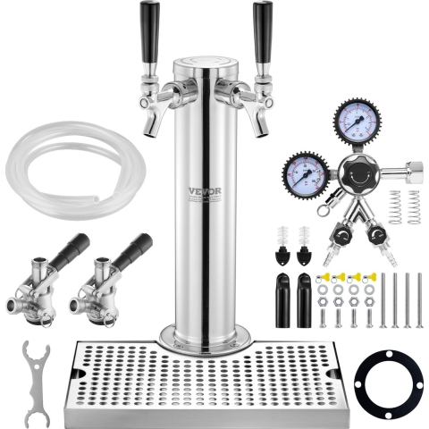 VEVOR Kegerator Tower Kit, bierconversiekit met 2 kranen, roestvrijstalen biertaptoren met dubbele meter W21.8-regelaar en S-System-vatkoppeling, bierlekbak voor thuisfeesten