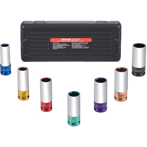 VEVOR Wielmoer-slagmoersleutelset, metrische 6-punts diepe doppenset, 12,7 mm aandrijving, 7 wielmoermaten totaal 17/19/21/22/23/24/27 mm, wielmoer-slagmoersleutelset gemaakt van Cr-Mo