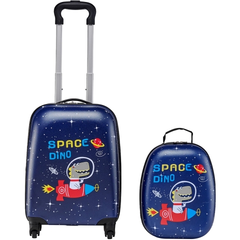 VEVOR 2-delige kinderkofferset, 457,2 mm, harde koffer met wielen & rugzak, kindertrolley, kinderkoffer, perfect cadeau voor jongens en meisjes, praktisch voor reizen en vliegen (Dinosaur)