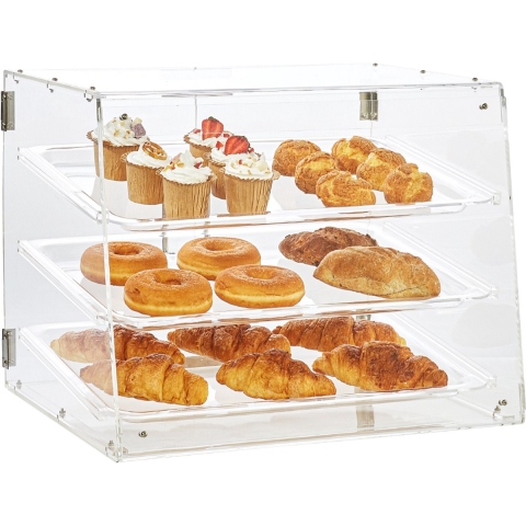 VEVOR 3-laags gebakvitrine, commerciële bakkerijvitrine 526 x 430 x 415 mm, bakkerijvitrine, acryl vitrine met toegang via de achterdeur en verwijderbare planken, voor donuts, bagels, cakes, koekjes, enz.