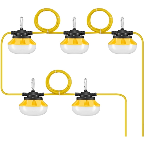 VEVOR 15,24 m LED-bouwspot, 50 W, 5000 lm, 5-lichts lichtsnoer voor industriële verlichting, 5000 K daglicht & IP65, met ophanghaak, voor bouwplaatsen, tijdelijke verlichting binnen en buiten