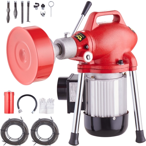 VEVOR Rioolreinigingsmachine 120 ft x 5/8 in, 370 W Elektrische Rioolreinigingskabel met handmatige invoer - met 2 stalen kabelsecties (120' x 5/8" en 23' x 3/8"), 7 snijmessen en CW/CCW-regeling voor 1,6" tot 4" buizen