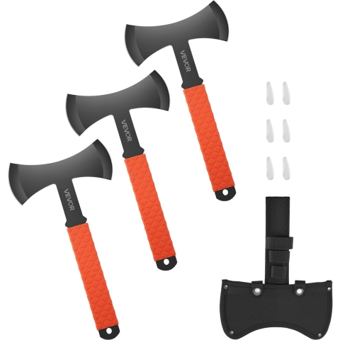 VEVOR Werpende Bijlen en Tomahawks Set van 3 stuks 302,3 mm Dubbelzijdige Bijl Werpende Bijlset met Roestvrijstalen Kop & Antislip TPR Rubberen Handvat & Zwarte Nylon Hoes, voor Recreatieve Wedstrijd Kampeeraccessoires