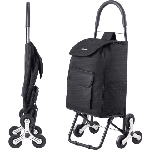 VEVOR Opvouwbare boodschappenwagen, 450x350x965mm, traploopwagen met 6 wielen, opbergtas van Oxford-stof, voor boodschappen, kantoor, verhuizingen, transport, buiten, wasserij, zwart