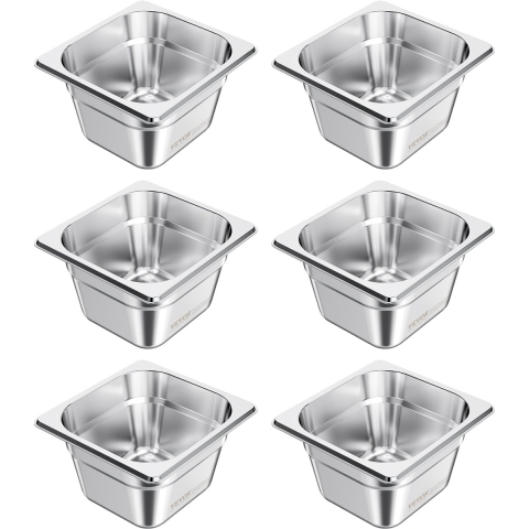 VEVOR Gastronormbak Hotelpan (1/6 maat) 6-pack 1,7 l, herbruikbare bakjes (10 cm diep), roestvrijstalen cateringopslag, paneermeelbak, voedselcontainer voor feestrestaurantbuffet