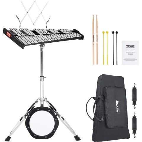 VEVOR 30-toetsen klokkenspel xylofoonset, professionele percussie-instrumentenset met slagstokken, drumstokken, muziekstandaard, 20 cm oefenpad, verstelbare standaard en draagtas