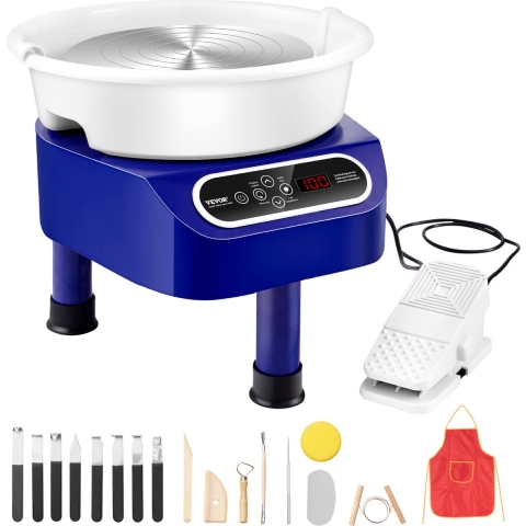 VEVOR Pottenbakkersschijf, 25 cm pottenbakkersvormmachine, 350 W elektrische pottenbakkersschijf met voetpedaal en LCD-touchscreen, keramische schijf met directe aandrijving en 3 steunpoten voor doe-het-zelf-knutselwerkjes, blauw
