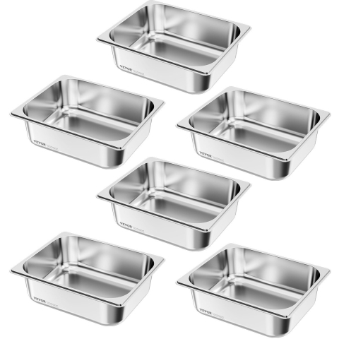 VEVOR Gastronormbak Hotelpan (1/2 maat) 6-pack 6 L, herbruikbare bakjes (98 mm diep), roestvrijstalen cateringopslag, paneermeelbak, voedselcontainer voor feestrestaurantbuffet