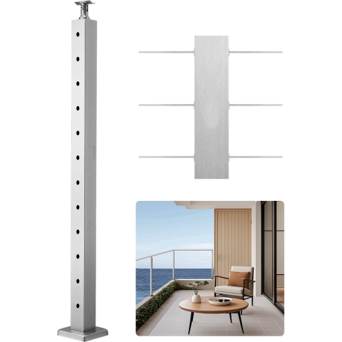 VEVOR kabelleuningpaal, 106,7 x 5 x 5 cm leuningpaal, roestvrijstalen draad, terrasleuning, voorgeboorde palen met montagebeugel, trapleuningset, zilver, 1JZLGZXYS1061EF8W001V0